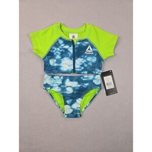 Reebok Girls Crop Swim Top Size 2T Blue/Green Neon‎ Trim UPF Activewear